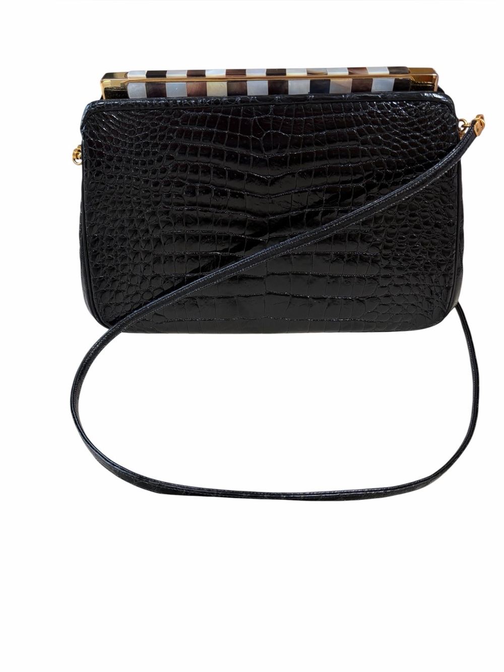 Judith Leiber Black Crocodile Evening bag vintage with Gold Plaque